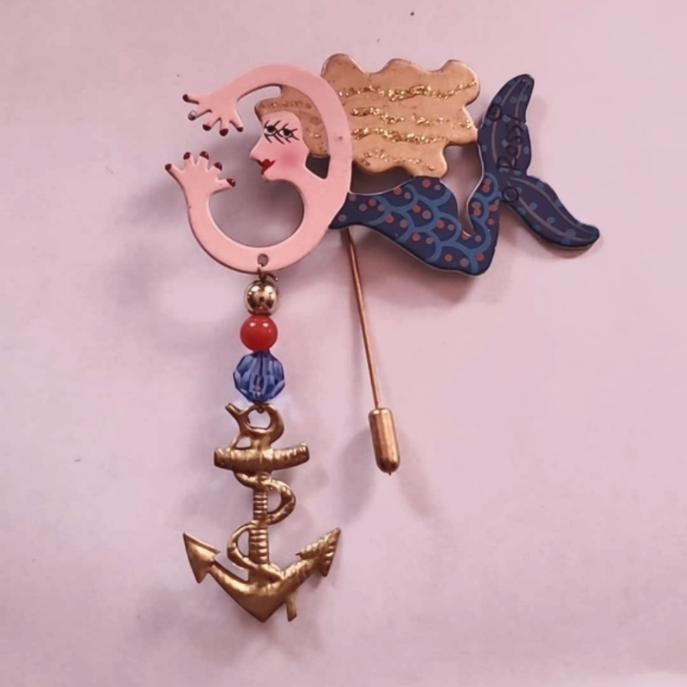 FANCIFUL FLIGHTS Nautical Mermaid Under the Sea Anchor Golden Hair Stick Pin